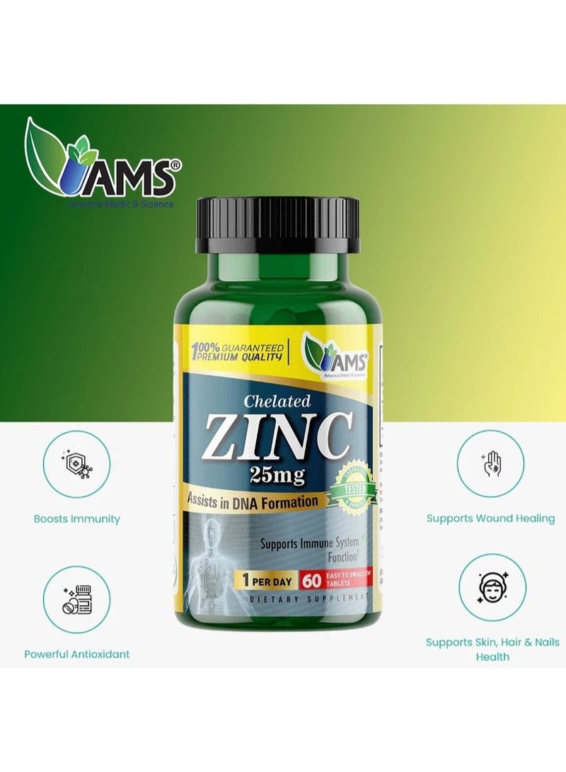 AMS Chelated Zinc 25 mg Dietary Supplement – High-Absorption Zinc Support for Immunity, Skin & Overall Health, 60 Tablets - Image 2